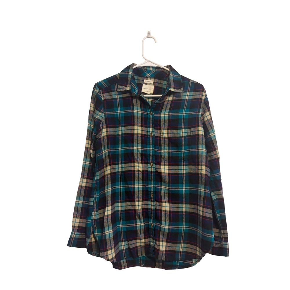 American Eagle Button Down Boyfriend Fit Teal Navy Plaid Soft Shirt Size Medium‎